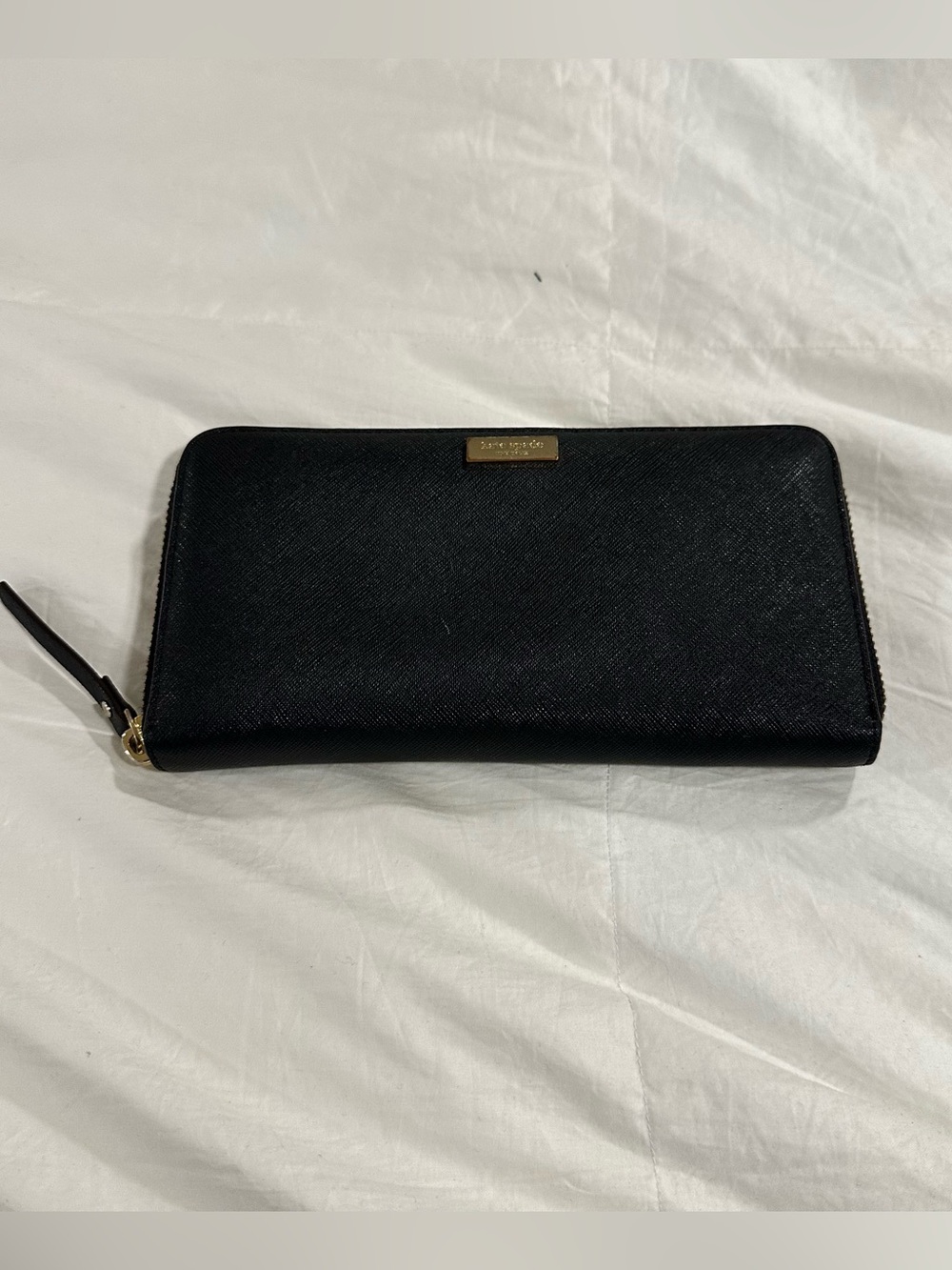 kate spade Black Saffiano Zip Wallet with Gold Plaque